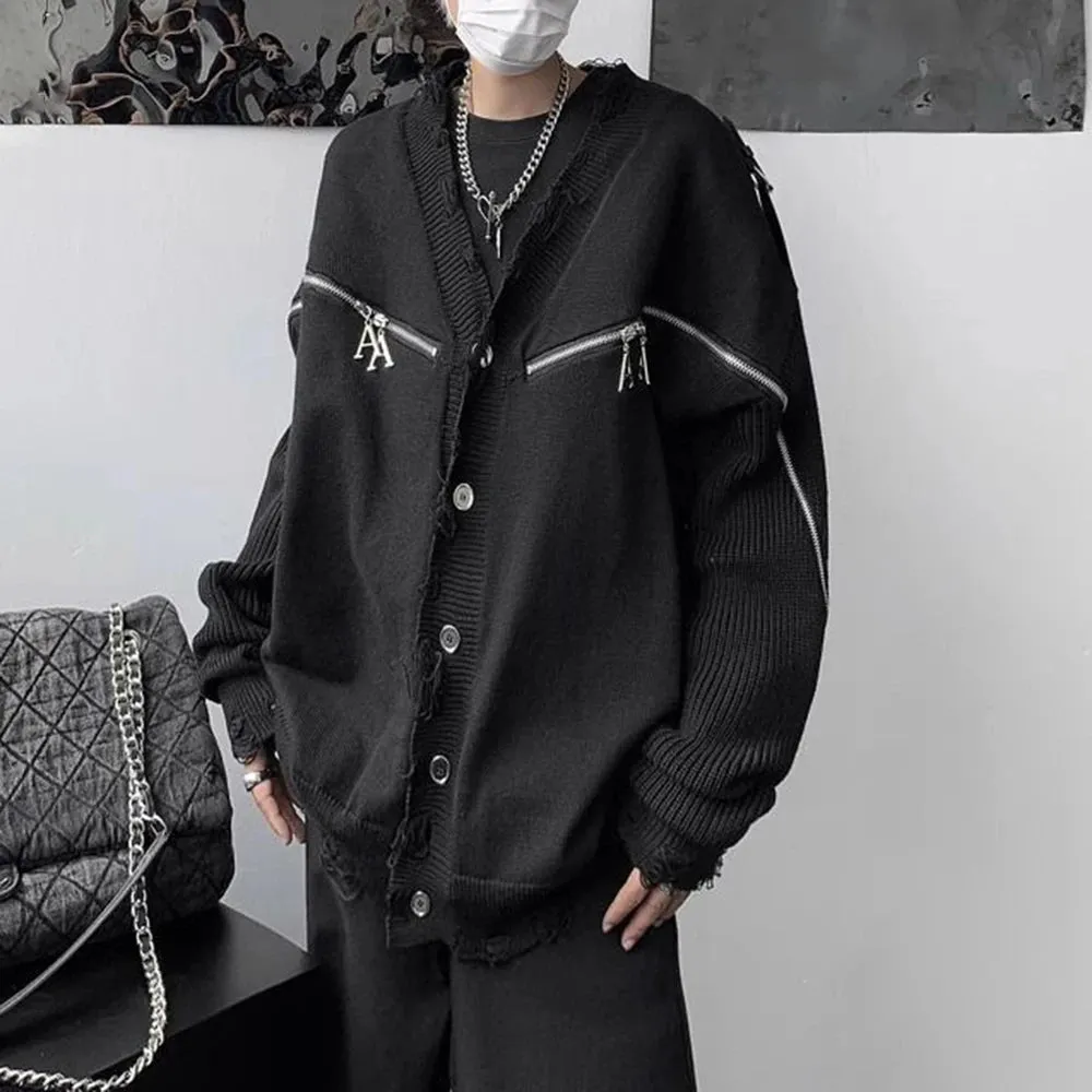 Aidase Mens Autumn Winter American Retro Deconstructed Y2k Zipper Knitted Sweater Genderless Essential Casual Trendy Street Sweater