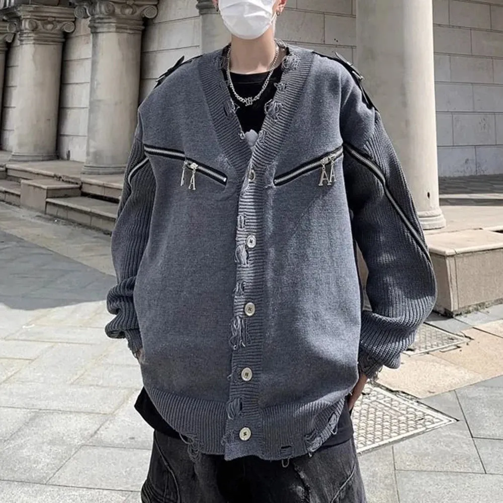 Aidase Mens Autumn Winter American Retro Deconstructed Y2k Zipper Knitted Sweater Genderless Essential Casual Trendy Street Sweater
