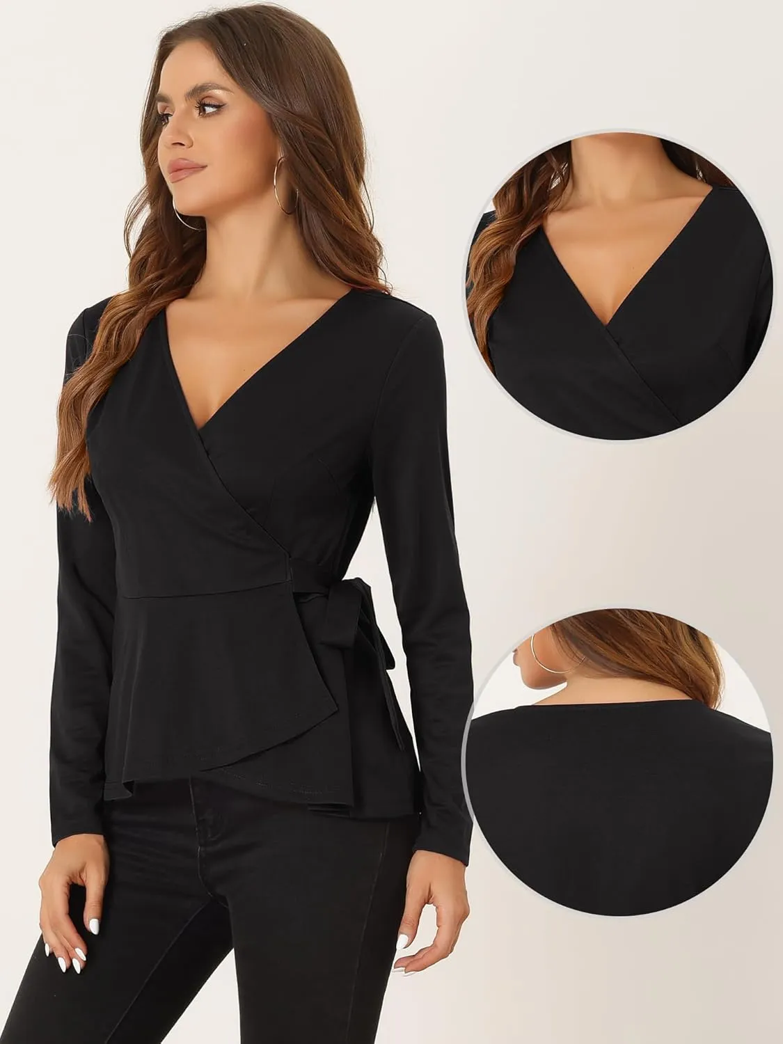 Allegra K Dressy Casual Wrap Peplum Tops for Women's Elegant V Neck Long Sleeves Tie Waist Knit Blouse