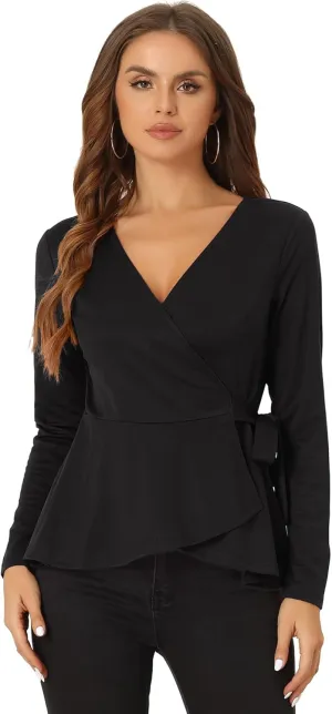 Allegra K Dressy Casual Wrap Peplum Tops for Women's Elegant V Neck Long Sleeves Tie Waist Knit Blouse