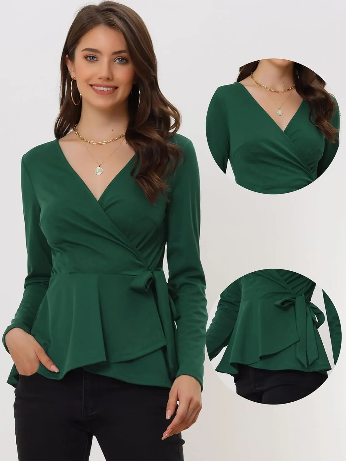 Allegra K Dressy Casual Wrap Peplum Tops for Women's Elegant V Neck Long Sleeves Tie Waist Knit Blouse