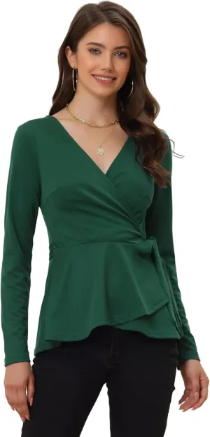 Allegra K Dressy Casual Wrap Peplum Tops for Women's Elegant V Neck Long Sleeves Tie Waist Knit Blouse