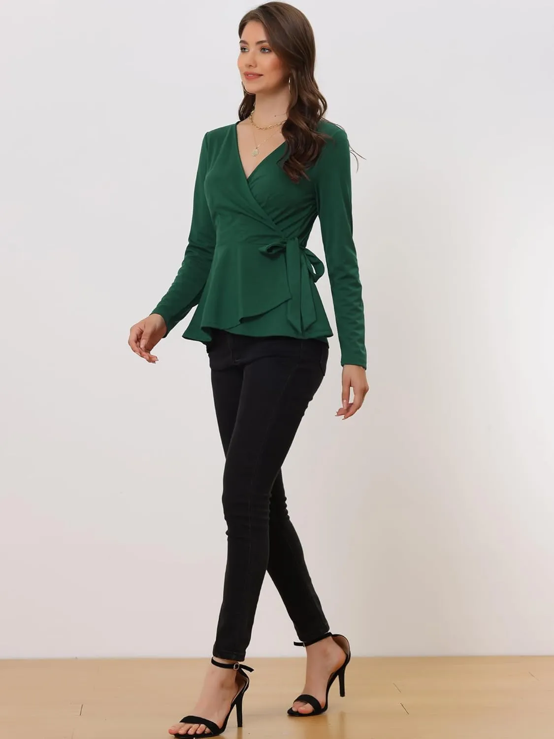 Allegra K Dressy Casual Wrap Peplum Tops for Women's Elegant V Neck Long Sleeves Tie Waist Knit Blouse