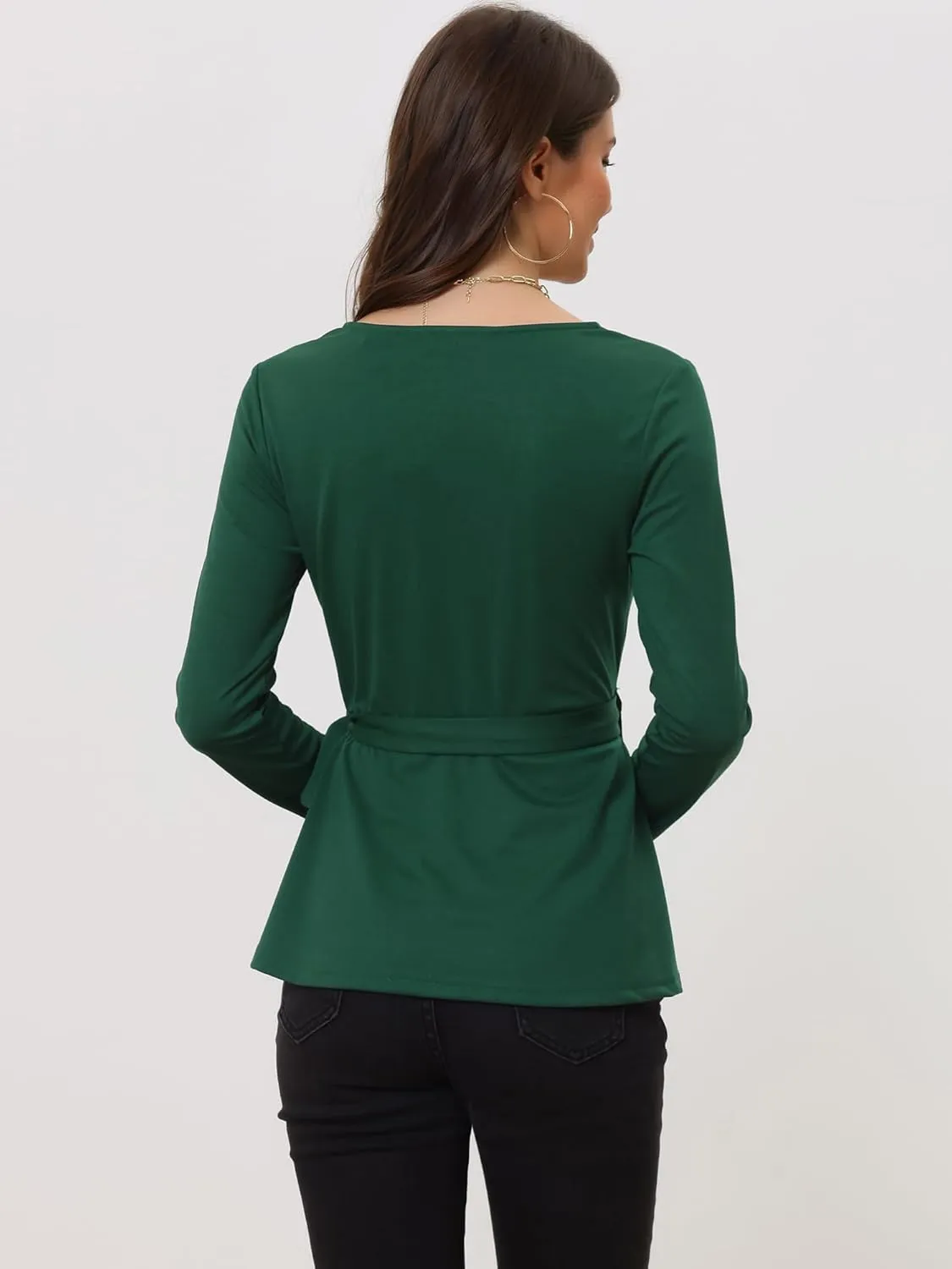 Allegra K Dressy Casual Wrap Peplum Tops for Women's Elegant V Neck Long Sleeves Tie Waist Knit Blouse