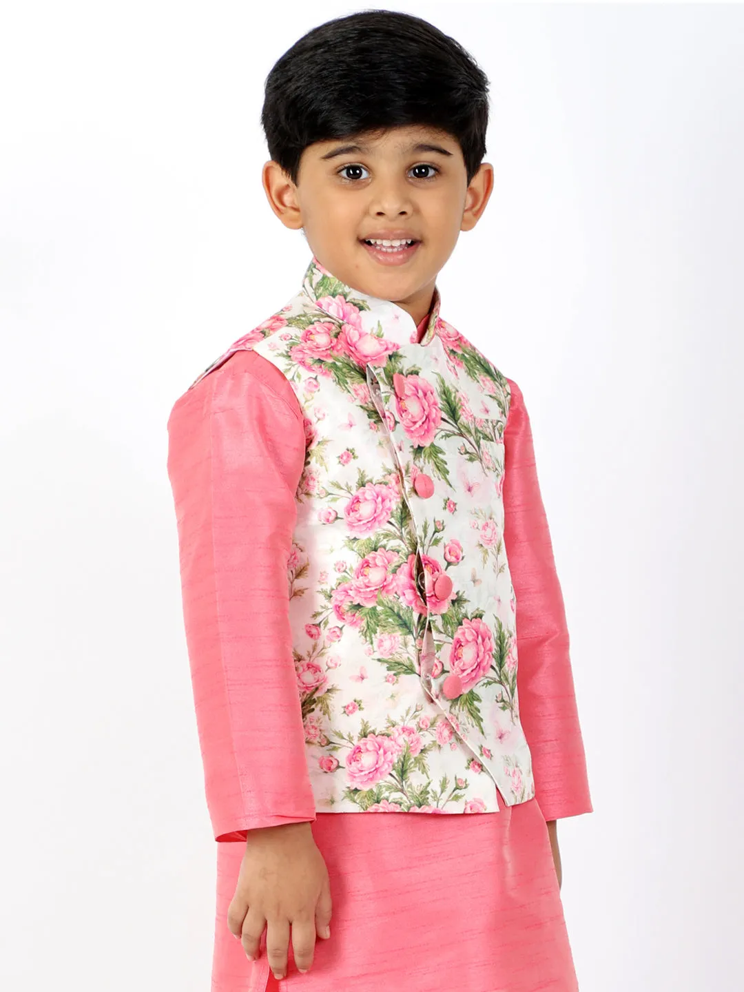 Boy's Multicolor Base Pink Nehru Jacket - Vastramay Boys