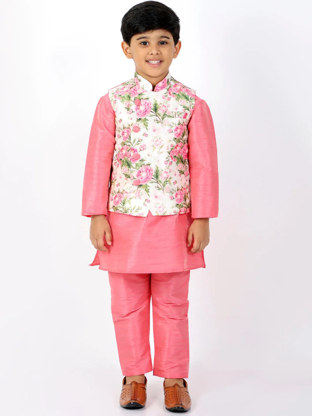 Boy's Multicolor Base Pink Nehru Jacket - Vastramay Boys
