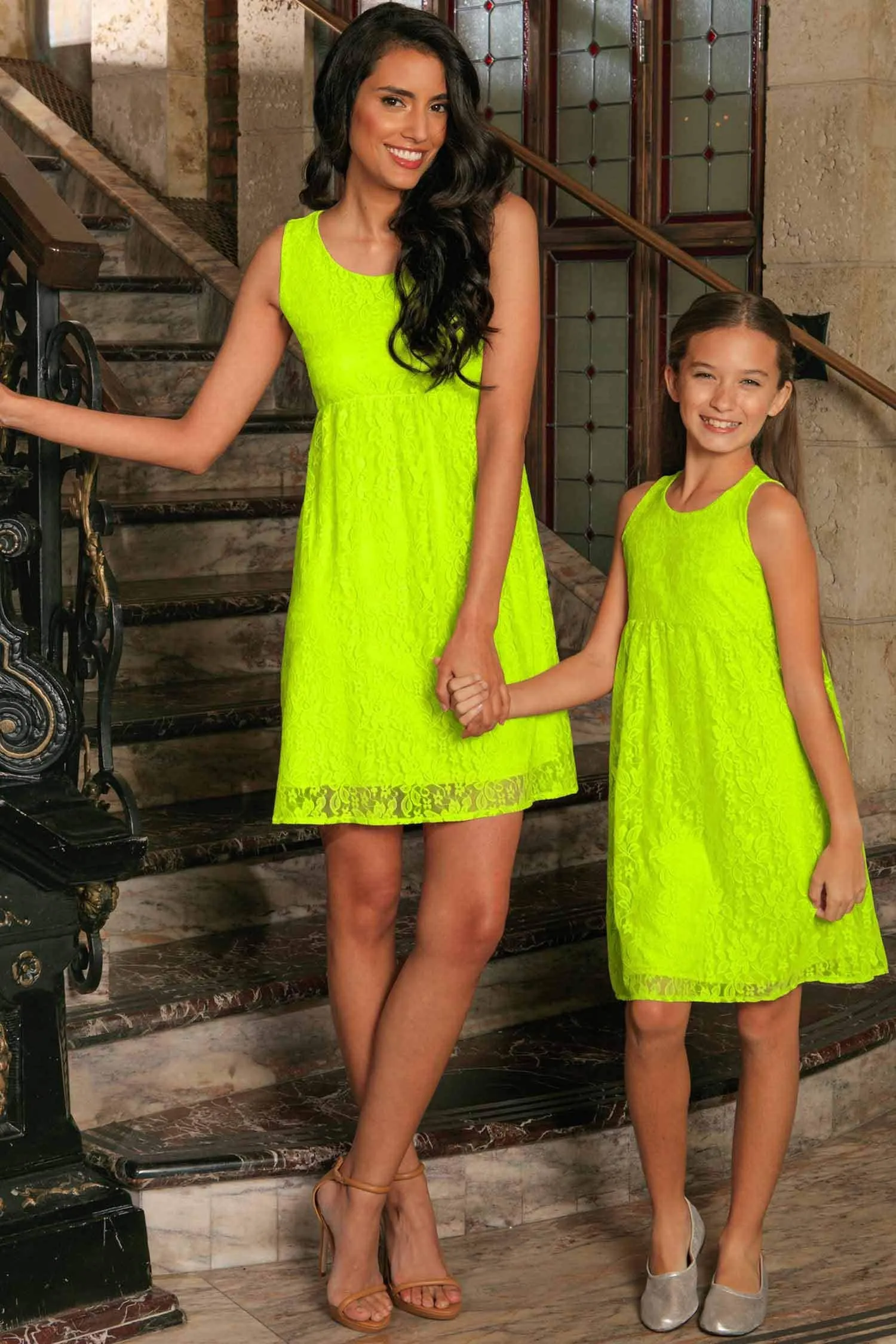 Bright Neon Yellow Lace Empire Waist Summer Party Mommy & Me Dress