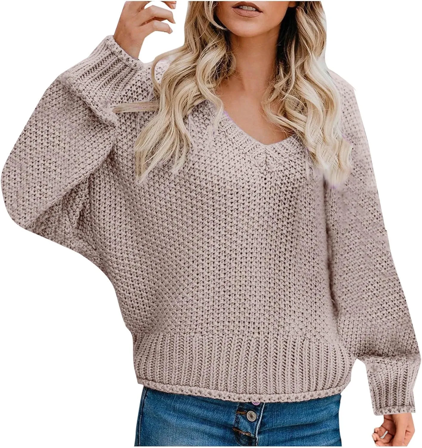 Cable Knit Winter Warm Sweater for Women, Long Sleeve V-Neck Casual Pullover Solid Color Chunky Baggy Sweaters Top