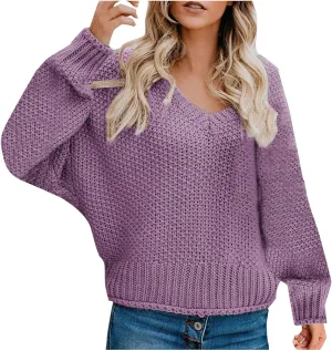 Cable Knit Winter Warm Sweater for Women, Long Sleeve V-Neck Casual Pullover Solid Color Chunky Baggy Sweaters Top