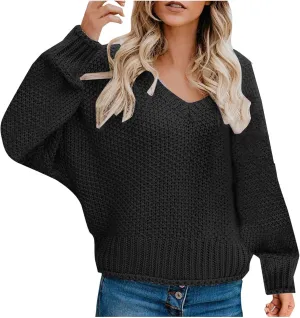 Cable Knit Winter Warm Sweater for Women, Long Sleeve V-Neck Casual Pullover Solid Color Chunky Baggy Sweaters Top
