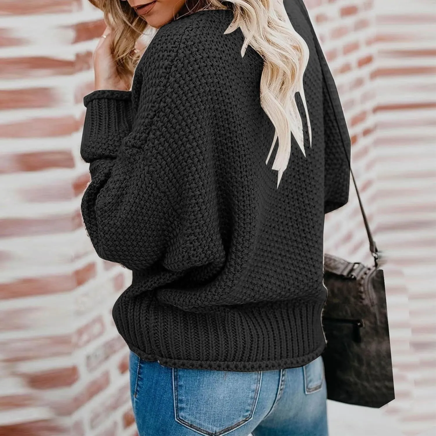 Cable Knit Winter Warm Sweater for Women, Long Sleeve V-Neck Casual Pullover Solid Color Chunky Baggy Sweaters Top