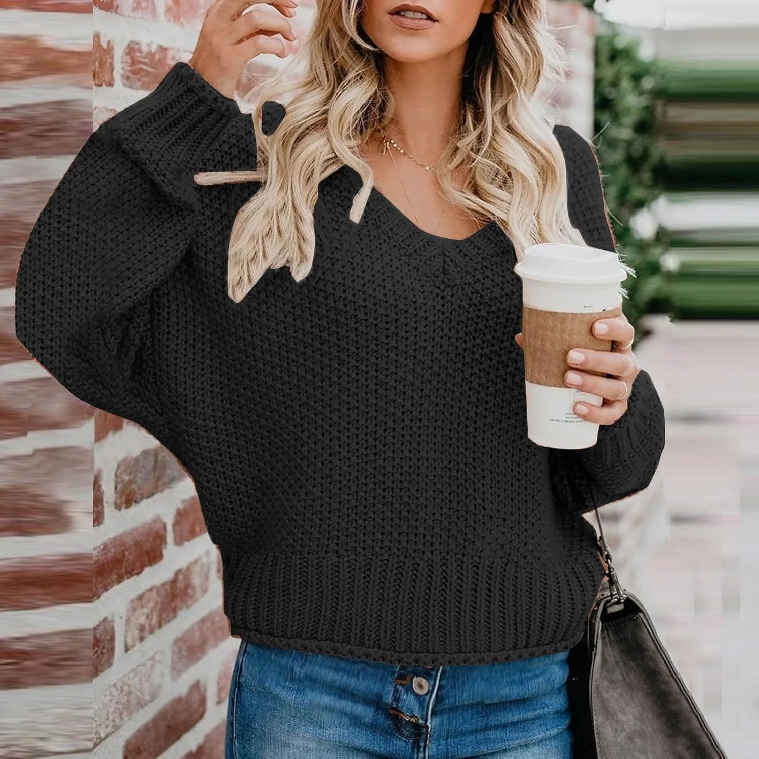 Cable Knit Winter Warm Sweater for Women, Long Sleeve V-Neck Casual Pullover Solid Color Chunky Baggy Sweaters Top