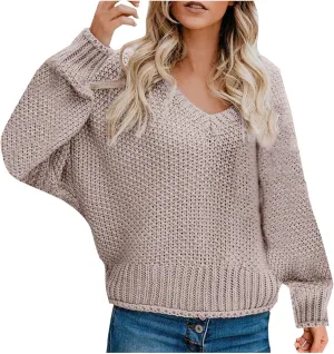 Cable Knit Winter Warm Sweater for Women, Long Sleeve V-Neck Casual Pullover Solid Color Chunky Baggy Sweaters Top