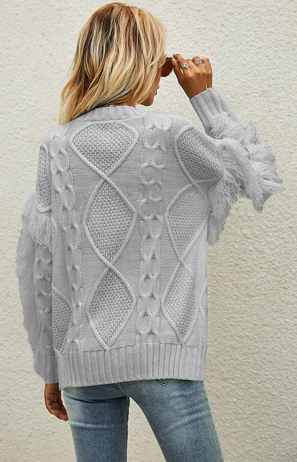 CHARTOU Women's Elegant Long Sleeve Tassel Fringe Cable Knit Sweater Jumper Top