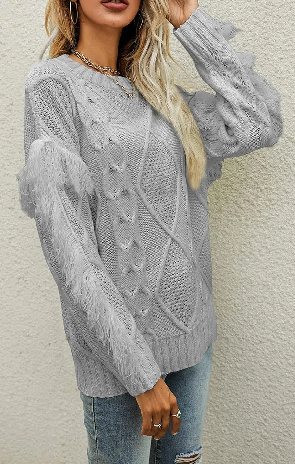 CHARTOU Women's Elegant Long Sleeve Tassel Fringe Cable Knit Sweater Jumper Top