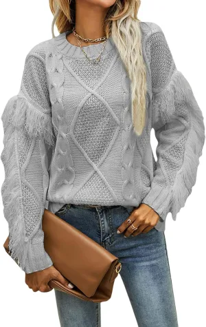 CHARTOU Women's Elegant Long Sleeve Tassel Fringe Cable Knit Sweater Jumper Top