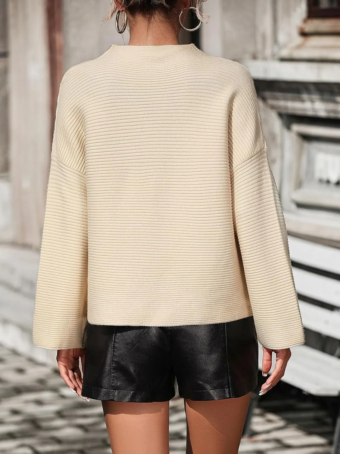 chouyatou Womens Fall Mock Neck Pullover Sweater Elegant Ribbed Knit Dressy Casual Sweater Top