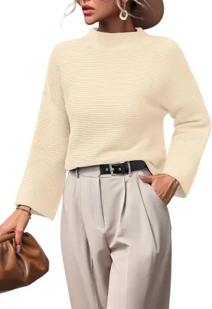 chouyatou Womens Fall Mock Neck Pullover Sweater Elegant Ribbed Knit Dressy Casual Sweater Top