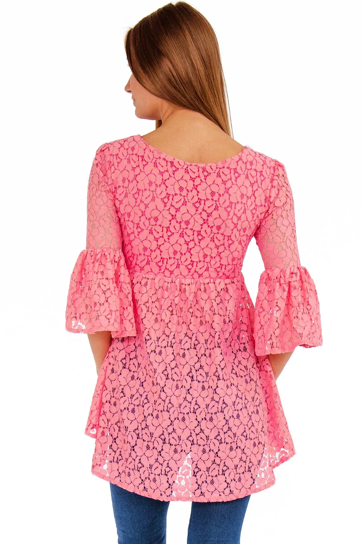 Coral Pink Lace Ava Bell Sleeve Boho Tunic - Women
