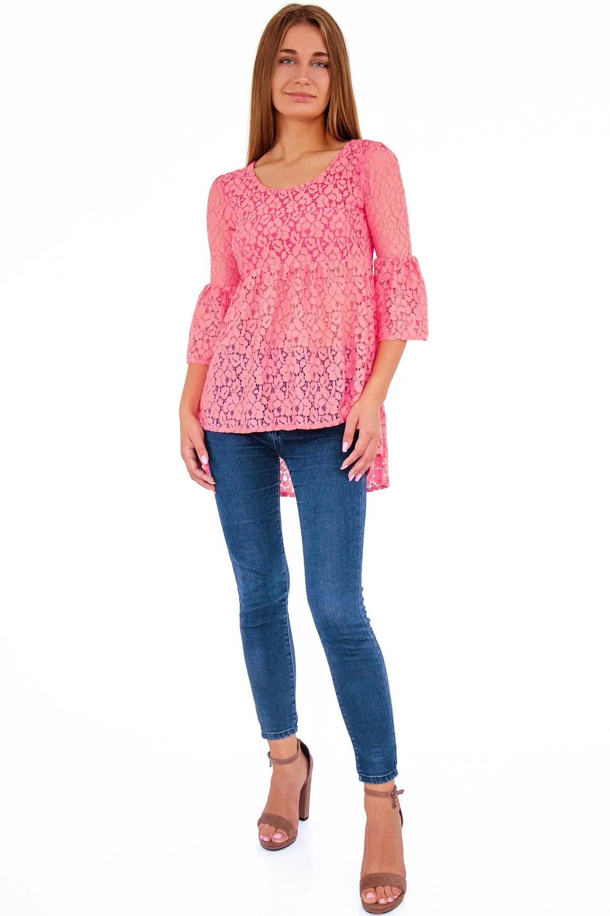 Coral Pink Lace Ava Bell Sleeve Boho Tunic - Women