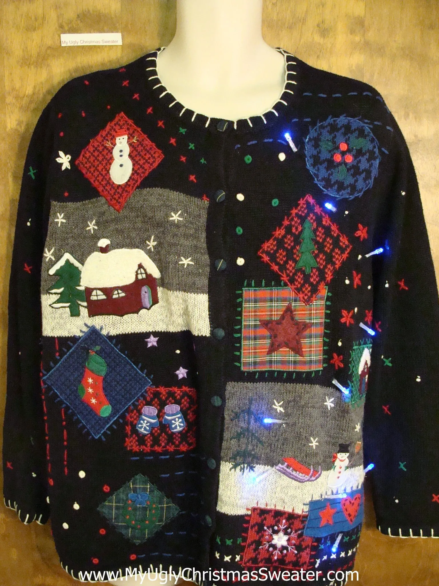 Cute Christmas Sweater with Patchwork Decor and Lights