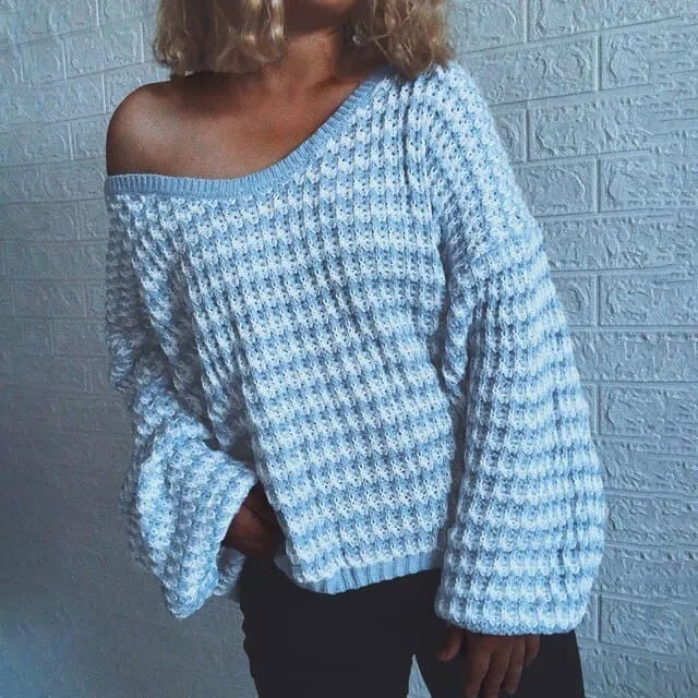 DressBetty - Women Stylish Sweater V Neck Long Sleeve Casual Stripe Color Block Knitted Holiday Winter Loose Pullover Jumper Tops Oversized