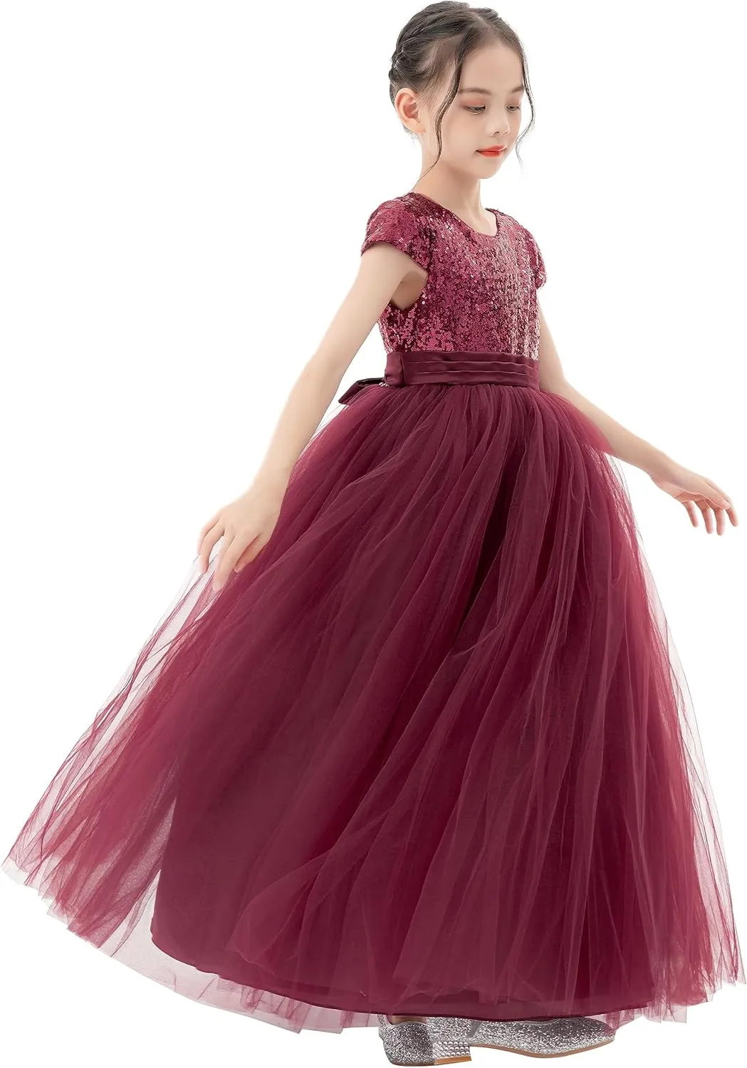 ekidsbridal Sequins V-Back Cap Sleeves Formal Flower Girl Dresses for Junior Pageants 323