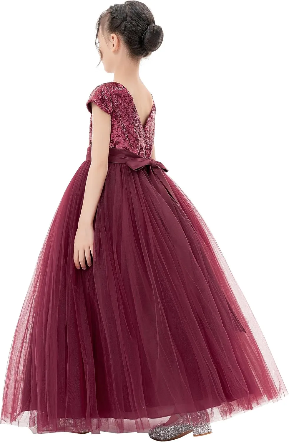 ekidsbridal Sequins V-Back Cap Sleeves Formal Flower Girl Dresses for Junior Pageants 323