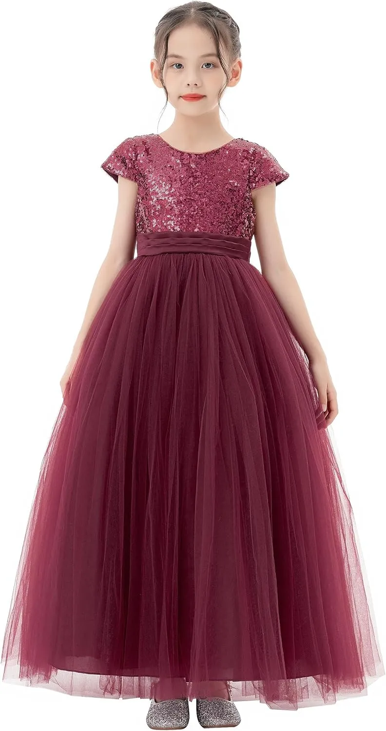 ekidsbridal Sequins V-Back Cap Sleeves Formal Flower Girl Dresses for Junior Pageants 323