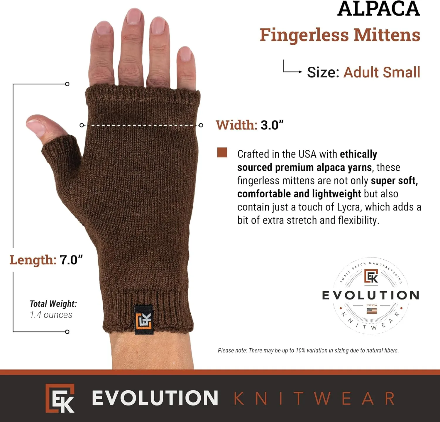 Evolution Knitwear Alpaca Knit Fingerless Mittens - Super Soft Baby Alpaca - Made in the USA - Small