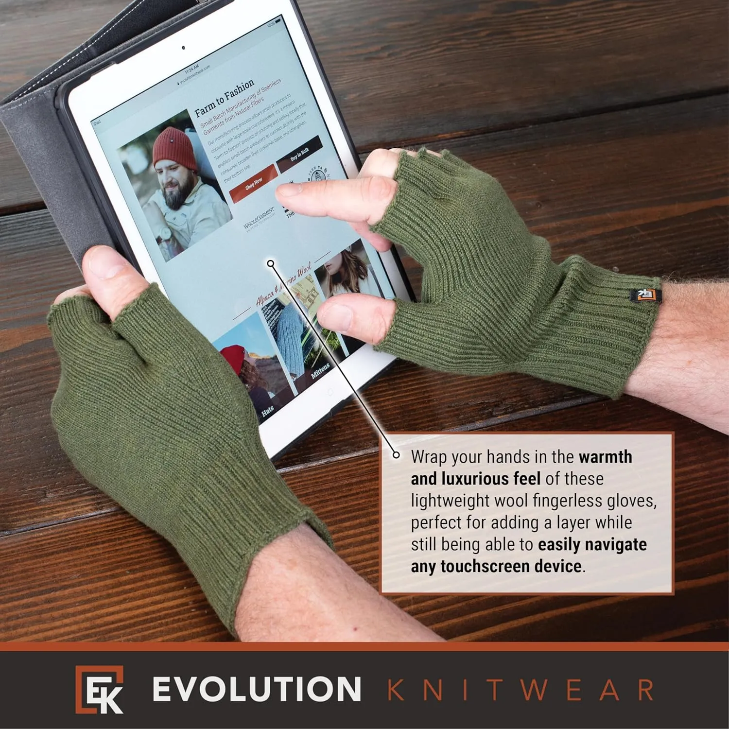 Evolution Knitwear Wool Knit Fingerless Gloves - Super Soft Merino Wool - Made in the USA - Large