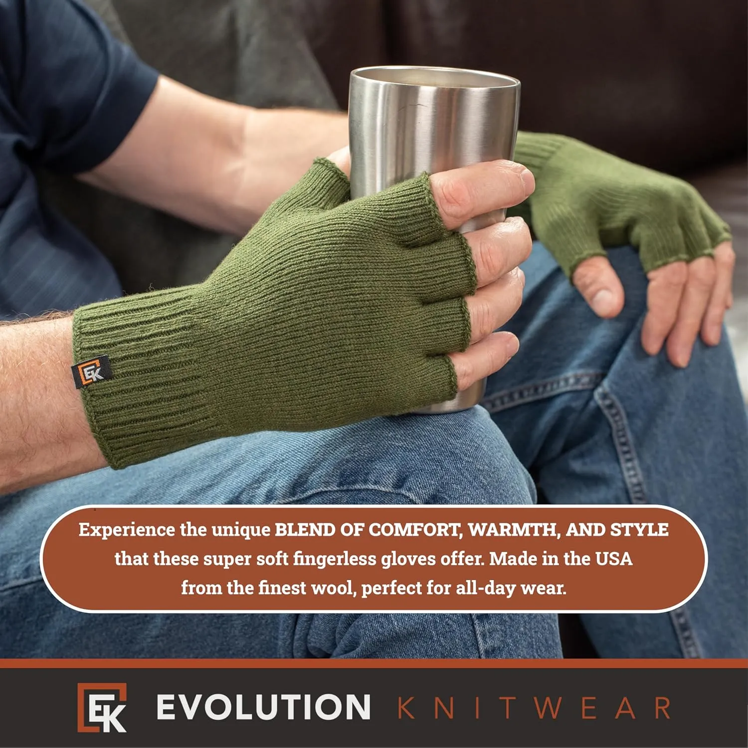 Evolution Knitwear Wool Knit Fingerless Gloves - Super Soft Merino Wool - Made in the USA - Large
