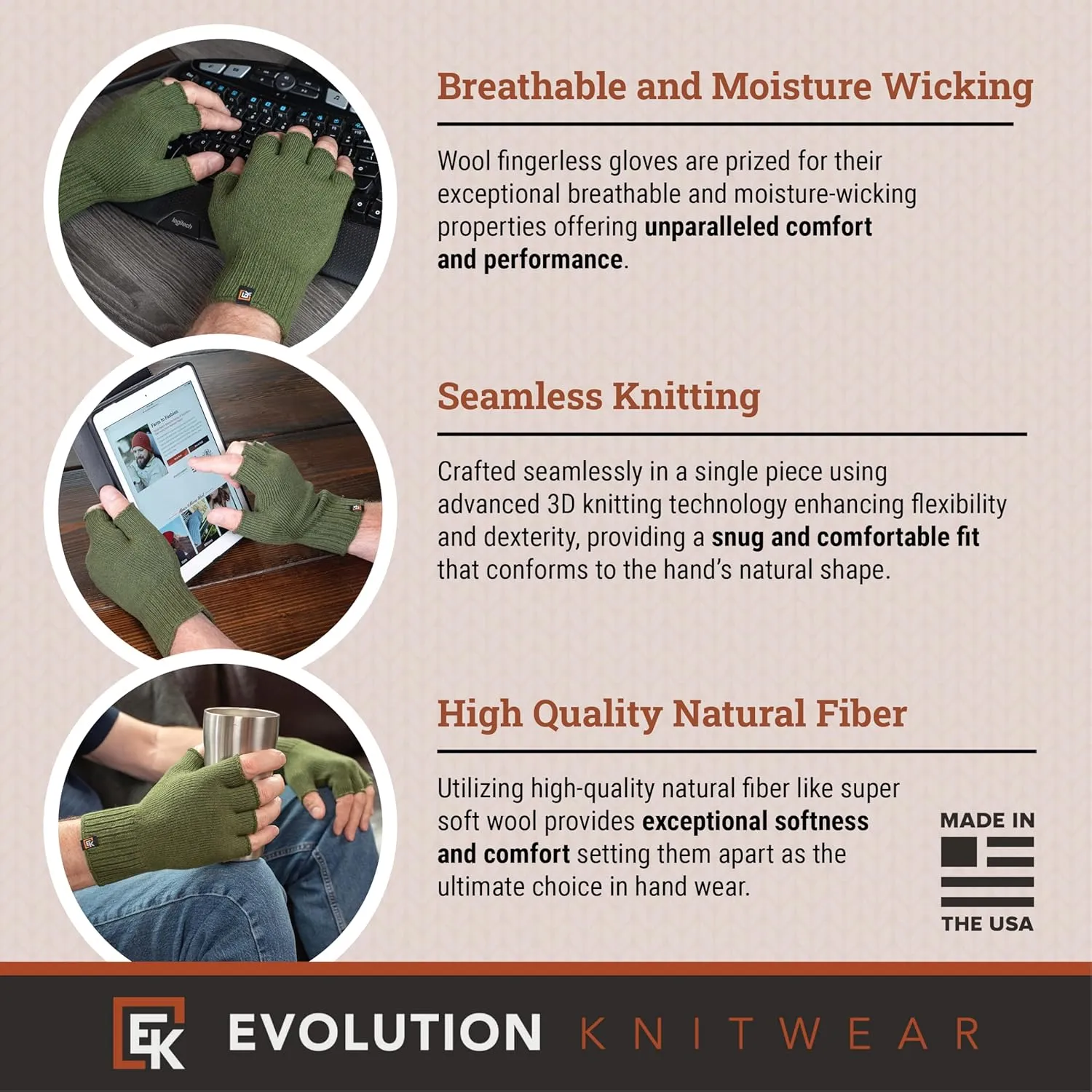 Evolution Knitwear Wool Knit Fingerless Gloves - Super Soft Merino Wool - Made in the USA - Large