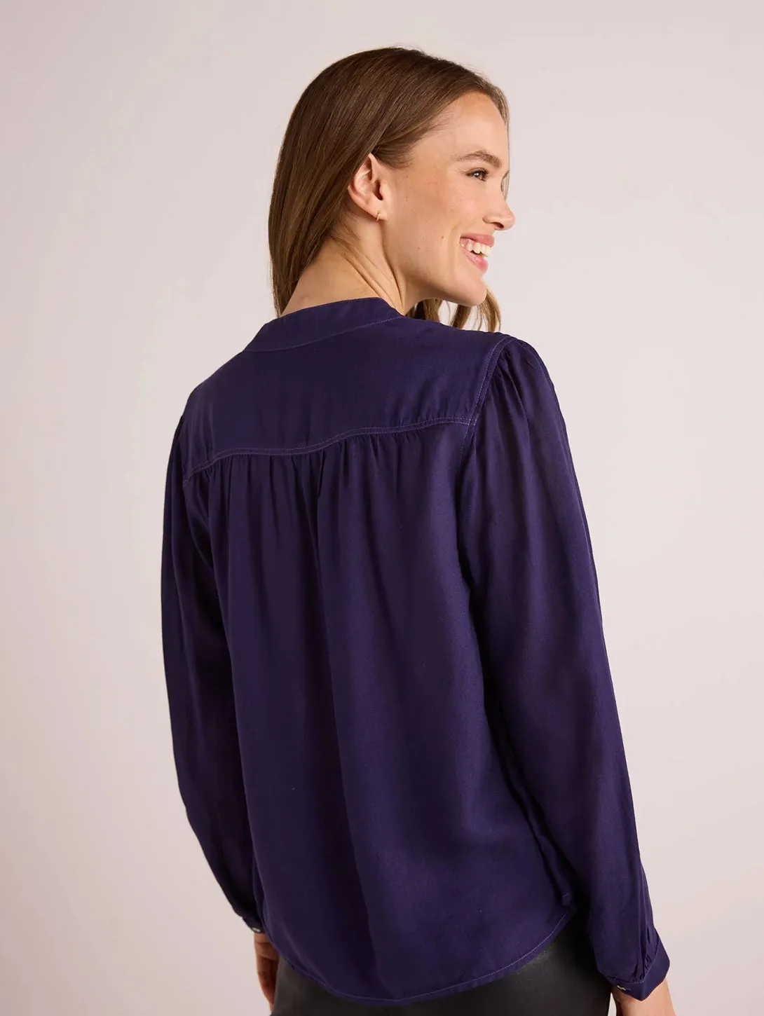 Flowy Tie Neck Pullover - Dark Sapphire
