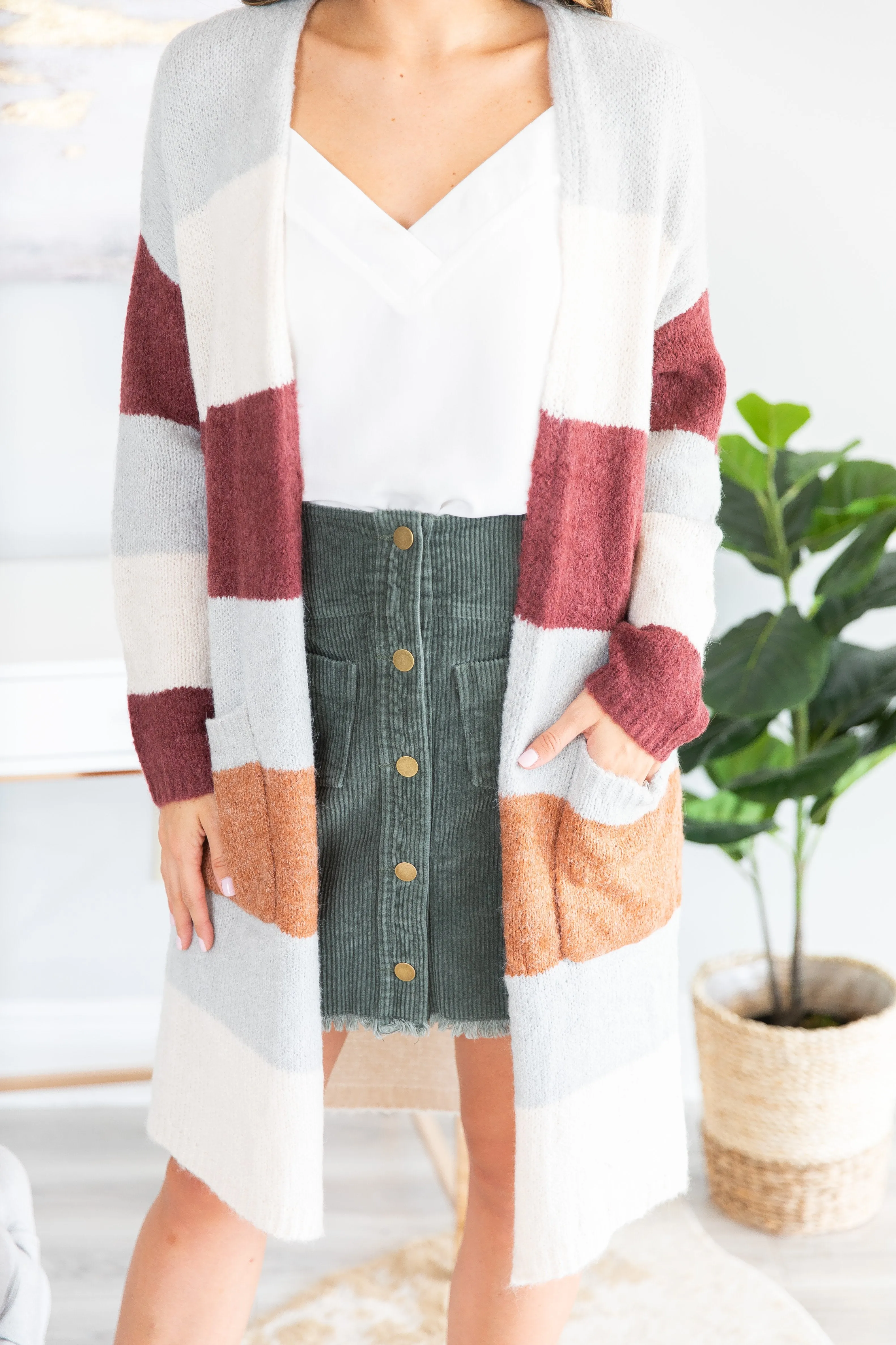 For The Look Burgundy Multi Colorblock Cardigan