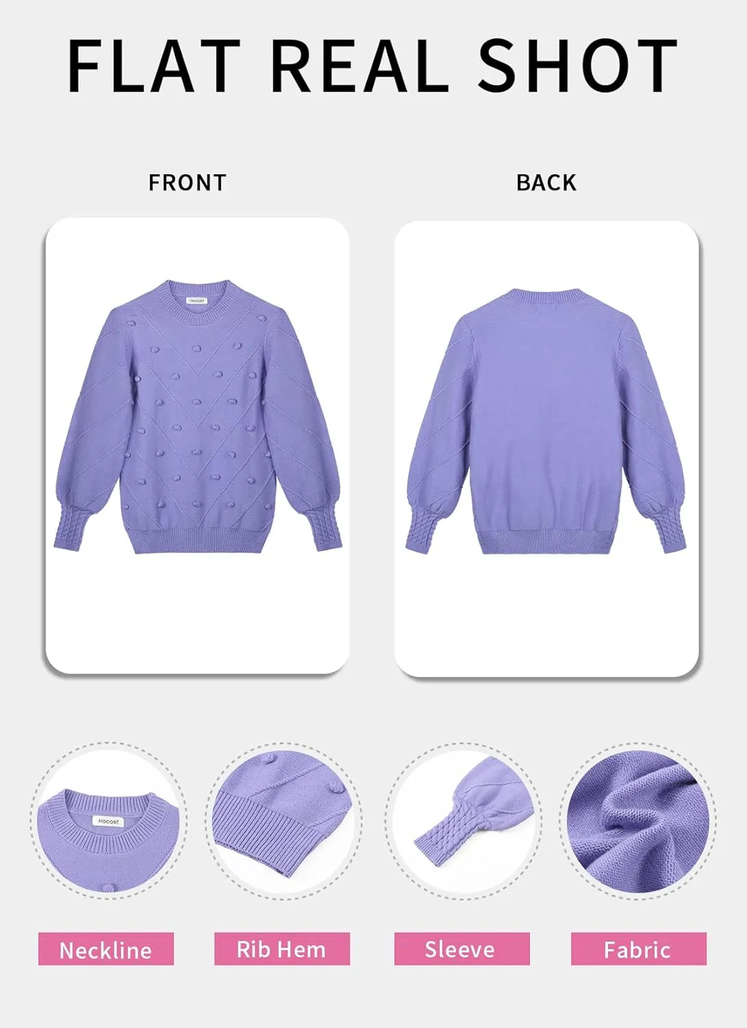 HOCOSIT Women's Lantern Sleeve Crewneck Oversized Pullover Sweater Elegant Knit Warm Jumper Top 2023