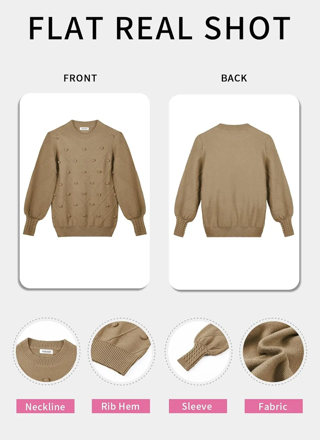 HOCOSIT Women's Lantern Sleeve Crewneck Oversized Pullover Sweater Elegant Knit Warm Jumper Top 2023