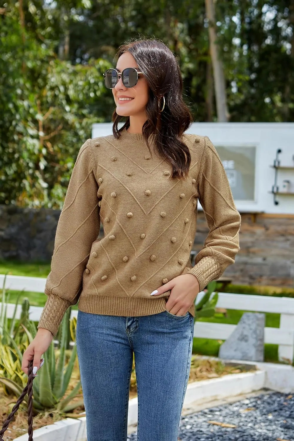 HOCOSIT Women's Lantern Sleeve Crewneck Oversized Pullover Sweater Elegant Knit Warm Jumper Top 2023