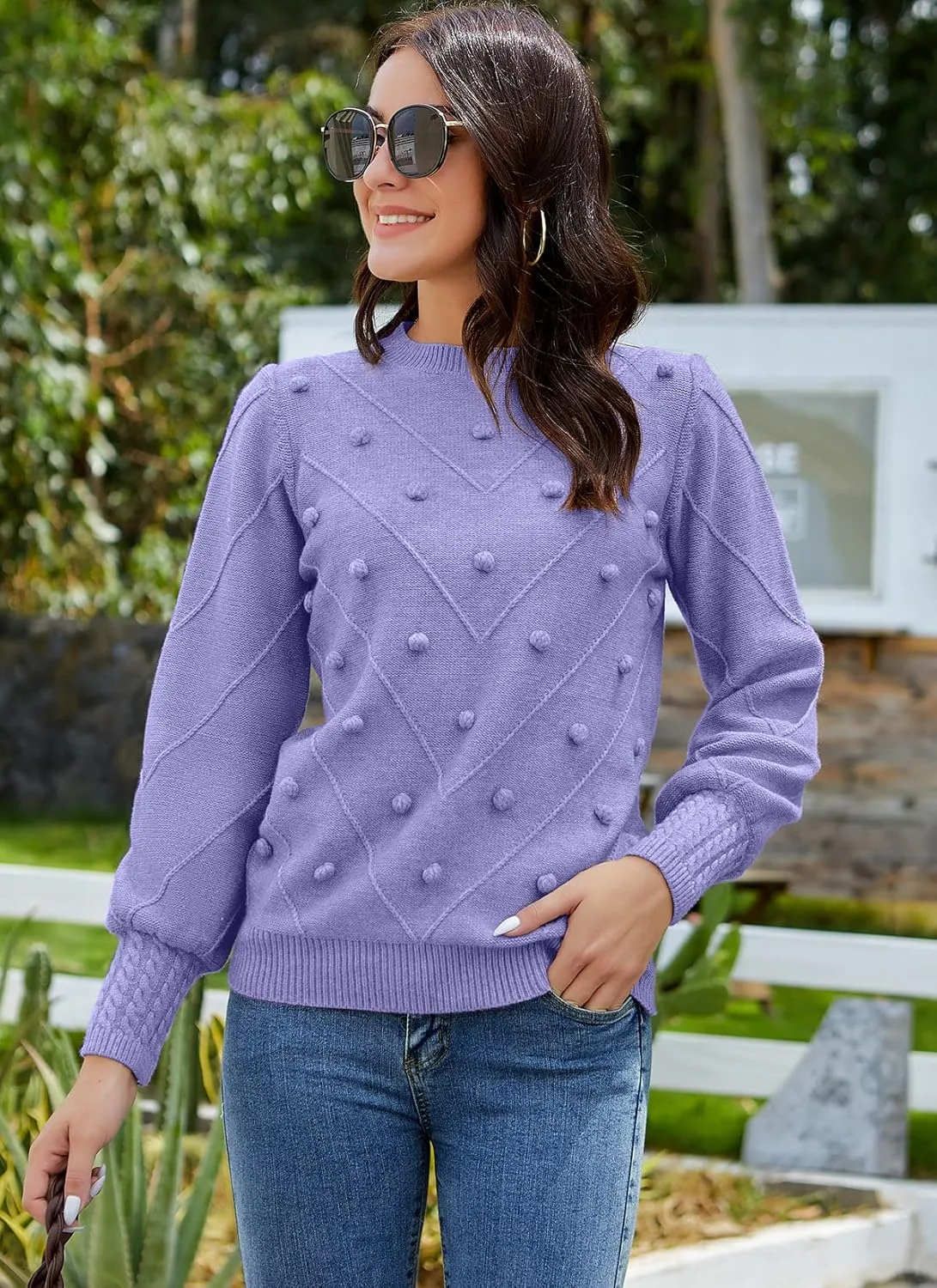 HOCOSIT Women's Lantern Sleeve Crewneck Oversized Pullover Sweater Elegant Knit Warm Jumper Top 2023