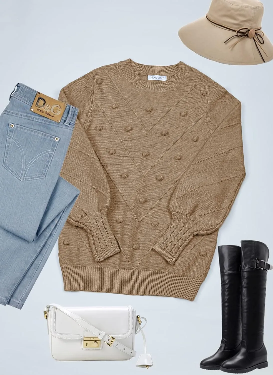 HOCOSIT Women's Lantern Sleeve Crewneck Oversized Pullover Sweater Elegant Knit Warm Jumper Top 2023