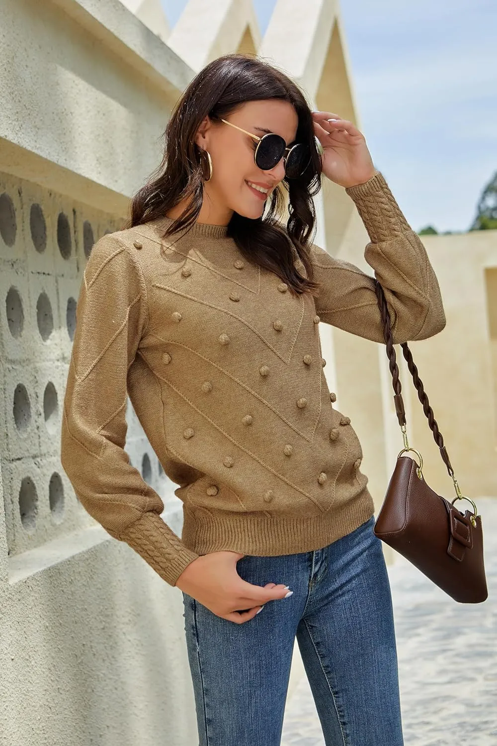 HOCOSIT Women's Lantern Sleeve Crewneck Oversized Pullover Sweater Elegant Knit Warm Jumper Top 2023