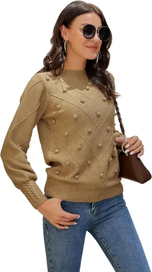 HOCOSIT Women's Lantern Sleeve Crewneck Oversized Pullover Sweater Elegant Knit Warm Jumper Top 2023