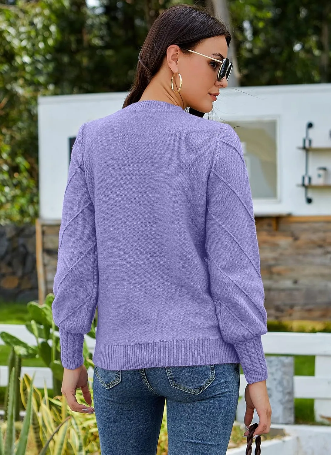 HOCOSIT Women's Lantern Sleeve Crewneck Oversized Pullover Sweater Elegant Knit Warm Jumper Top 2023