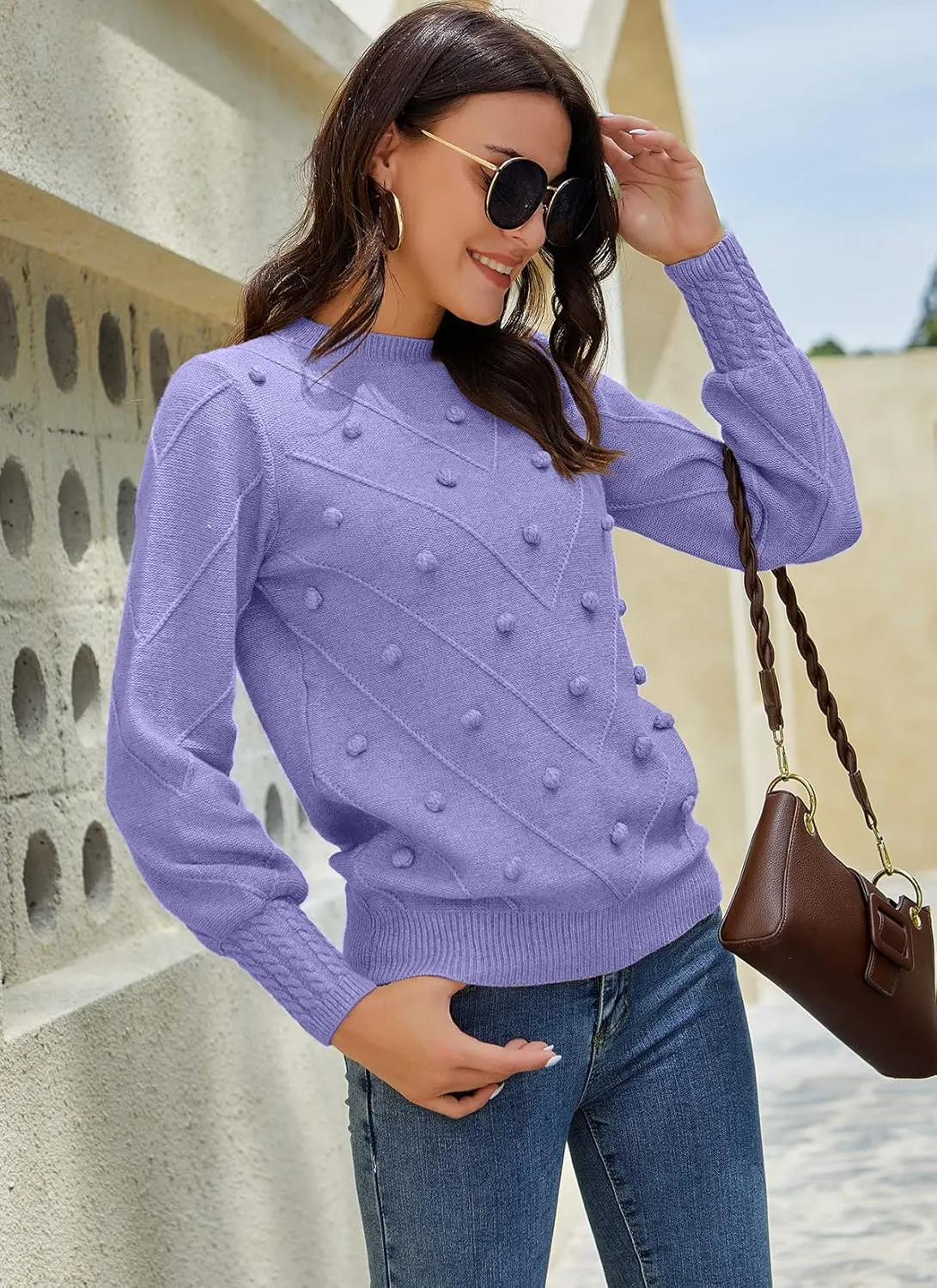 HOCOSIT Women's Lantern Sleeve Crewneck Oversized Pullover Sweater Elegant Knit Warm Jumper Top 2023