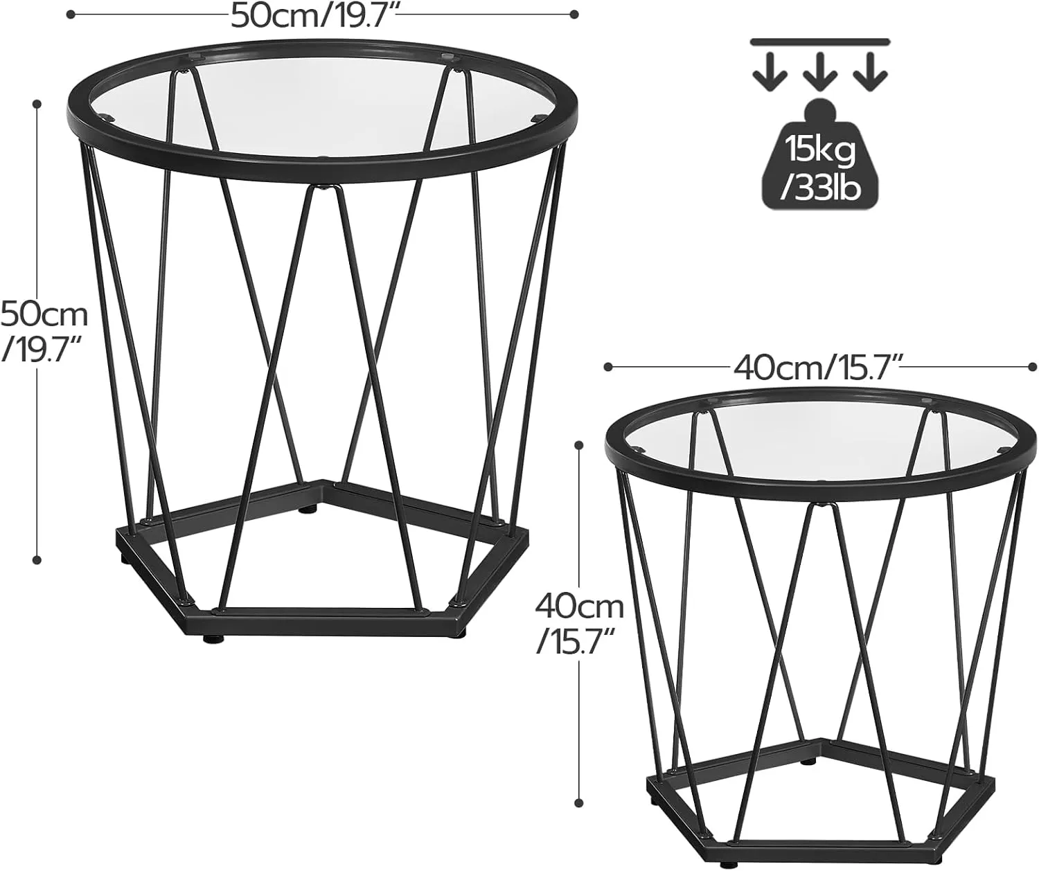 HOOBRO Small Coffee Table Set of 2, Round Coffee End Table with Metal Frame, Glass Top, Black Side Table for Living Room, Bedroom and Balcony, Modern Style, Black BK79BZ01