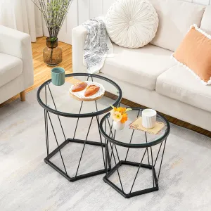 HOOBRO Small Coffee Table Set of 2, Round Coffee End Table with Metal Frame, Glass Top, Black Side Table for Living Room, Bedroom and Balcony, Modern Style, Black BK79BZ01