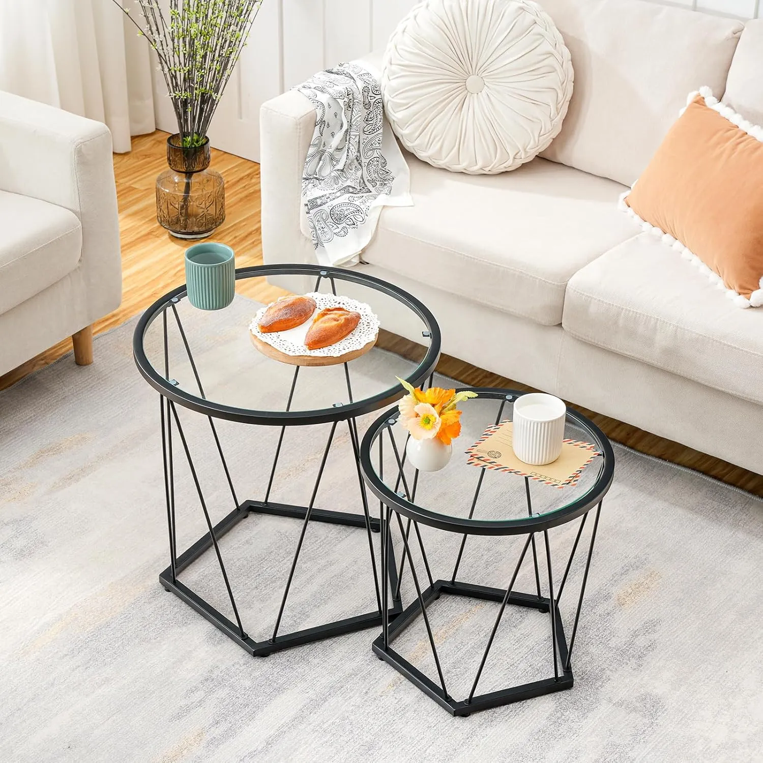 HOOBRO Small Coffee Table Set of 2, Round Coffee End Table with Metal Frame, Glass Top, Black Side Table for Living Room, Bedroom and Balcony, Modern Style, Black BK79BZ01