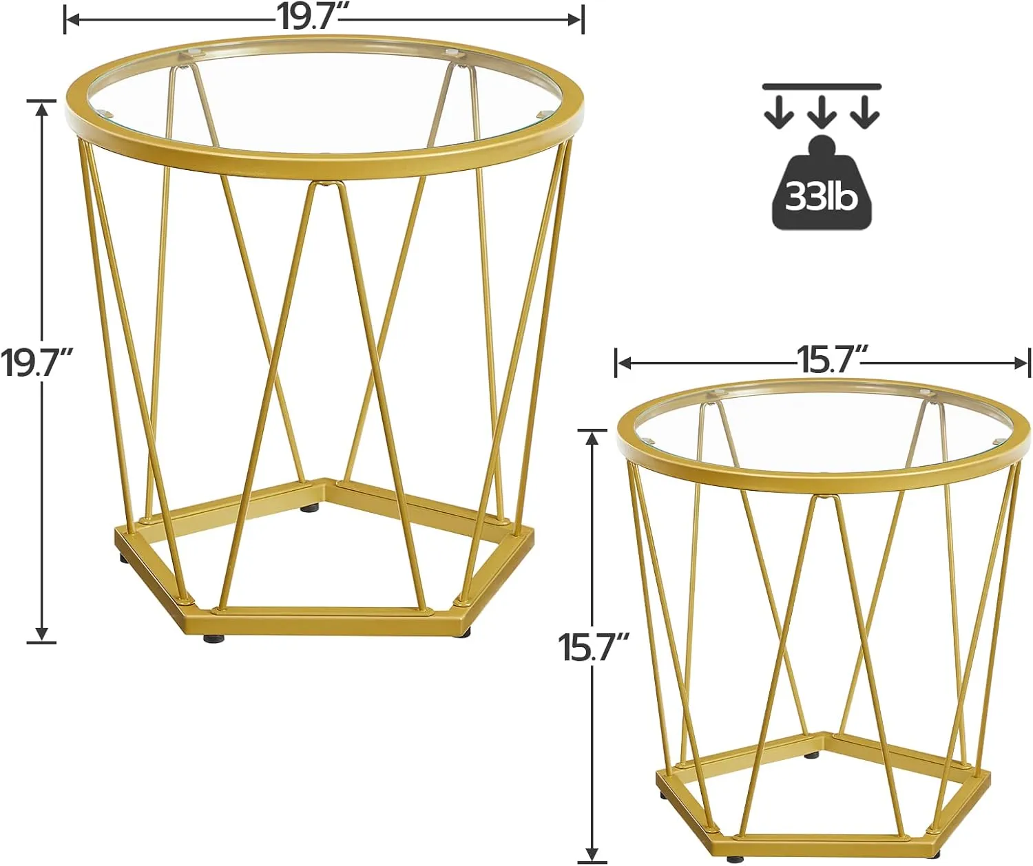 HOOBRO Small Coffee Table Set of 2, Round Coffee End Table with Metal Frame, Glass Top, Gold Side Table for Living Room, Bedroom and Balcony, Modern Style, Gold GD79BZ01