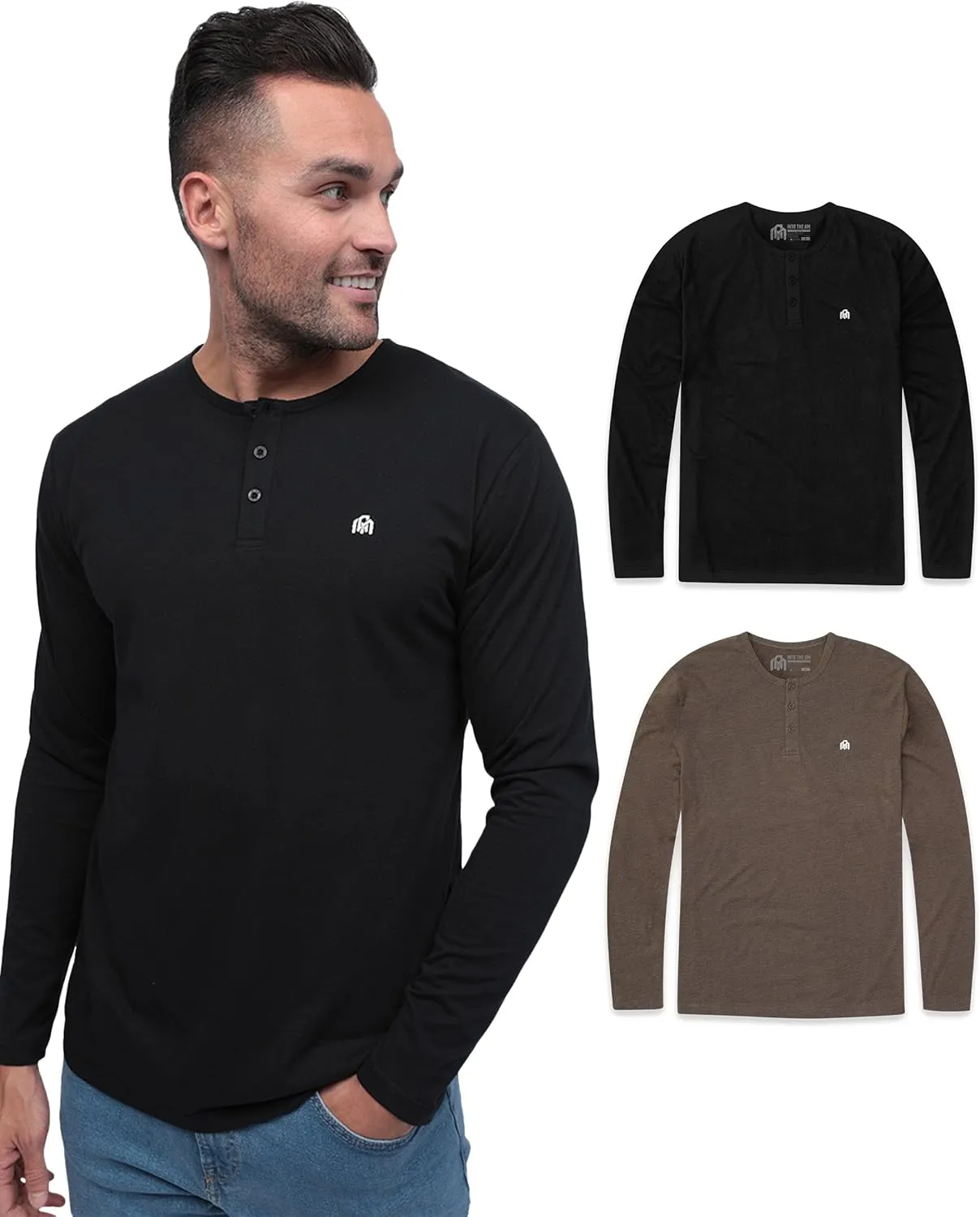 INTO THE AM Long Sleeve Henley Shirts for Men S - 4XL Casual Lightweight Fitted Longsleeve