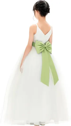Ivory V-Neck Tulle Flower Girl Dress with Tiebow for Pageant Wedding 218noFT